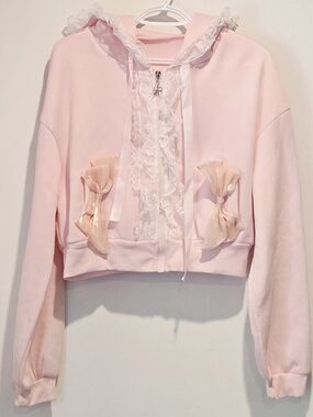 Kawaii Pink Lace Ruffle Bow Cropped Zip Up Hoodie
